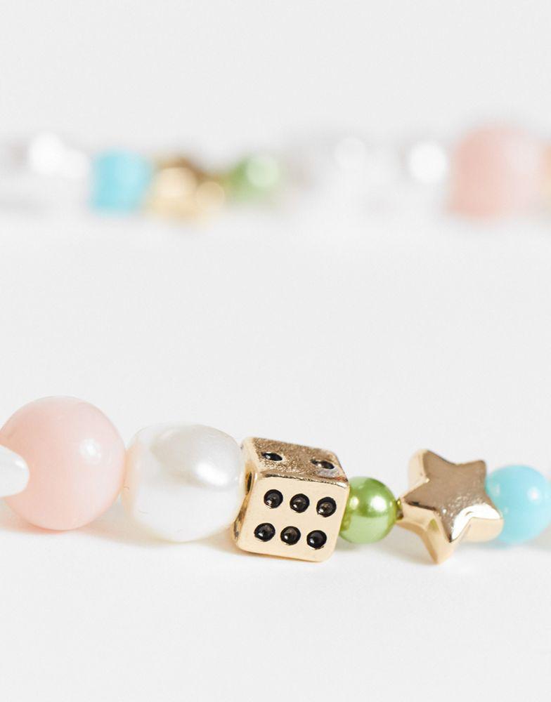 商品ASOS|ASOS DESIGN bead necklace with dice and happy face charm in pastel colours,价格¥30,第6张图片详细描述