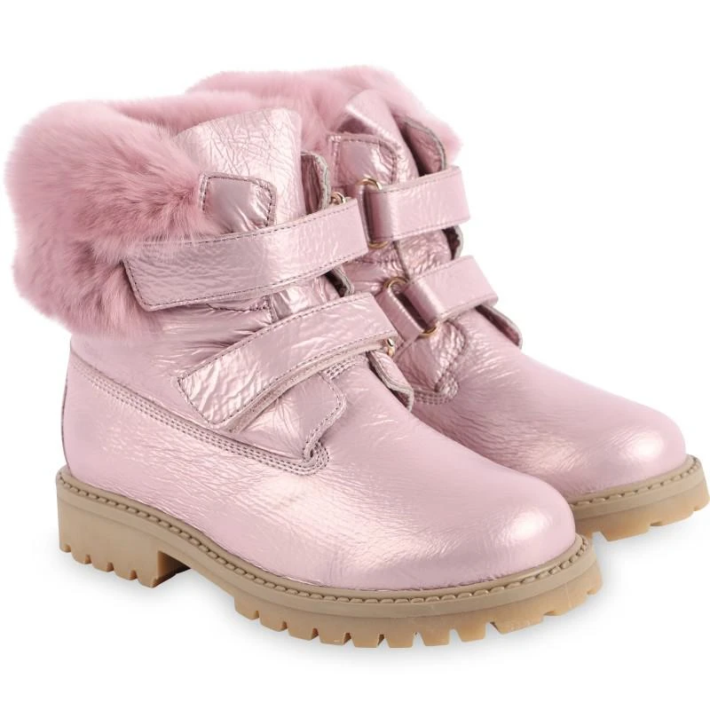 商品Zecchino d'Oro|Fur detailing velcro straps iridescent leather boots in pink,价格¥1700,第1张图片