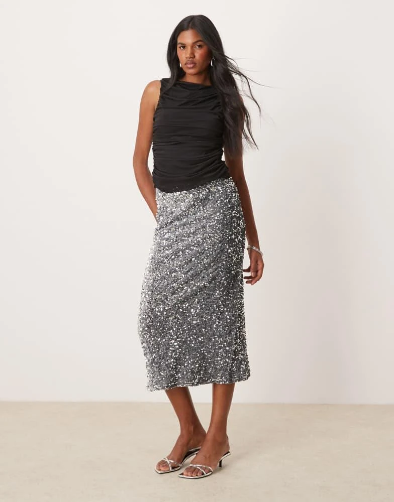 商品Vila|Vila sequin & velour maxi skirt in silver grey,价格¥290,第1张图片