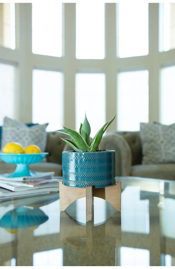 商品FLORA BUNDA|Teal 5" Arrow Ceramic Planter On Wood Stand,价格¥169,第3张图片详细描述