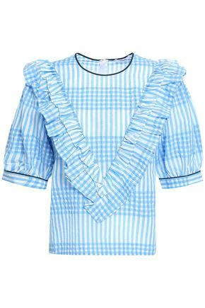 商品Ganni|Charron ruffled checked cotton-blend seersucker top,价格¥552,第1张图片