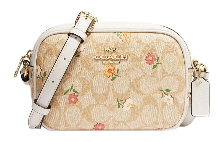 商品[国内直发] Coach|蔻驰 Jamie 19 经典老花拉链开合花卉印花 涂层帆布拼皮革 相机包单肩斜挎包 迷你 女款 浅卡其色,价格¥1454,第1张图片