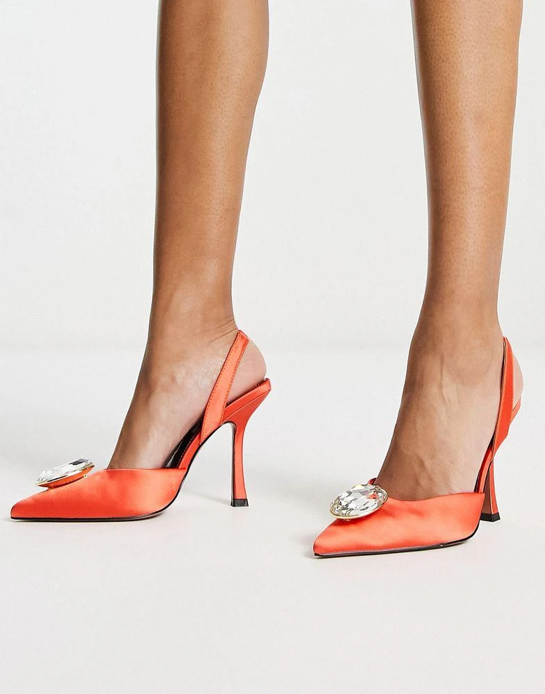 商品ASOS|ASOS DESIGN Patron embellished slingback high heeled shoes in orange,价格¥162,第3张图片详细描述