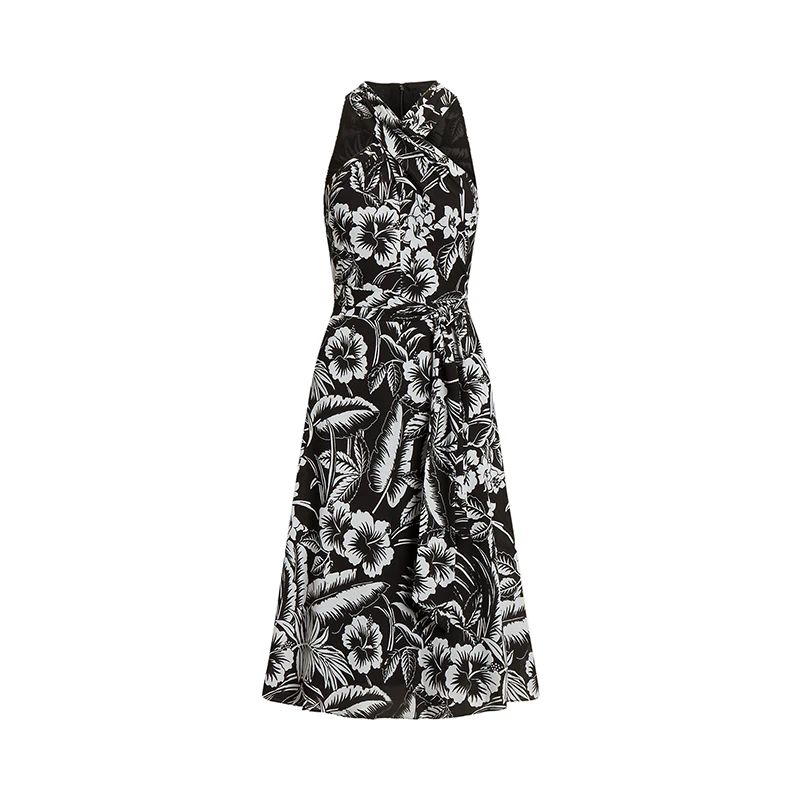 商品Ralph Lauren|拉夫劳伦 女士黑色/白色涤纶交叉领口无袖连衣裙,价格¥2346,第1张图片
