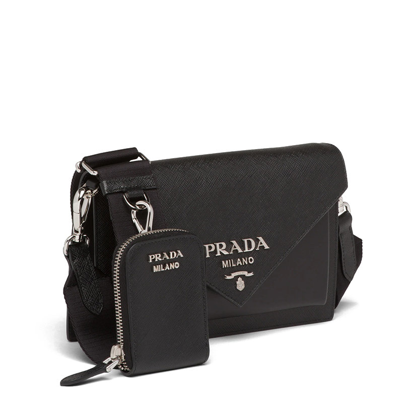 【预售3-7天】PRADA/普拉达 21年秋冬 女士黑色皮革附可拆卸徽标尼龙肩带斜跨单肩信封包1BP020_2EVU_F0002_V_N2O商品第2张图片规格展示