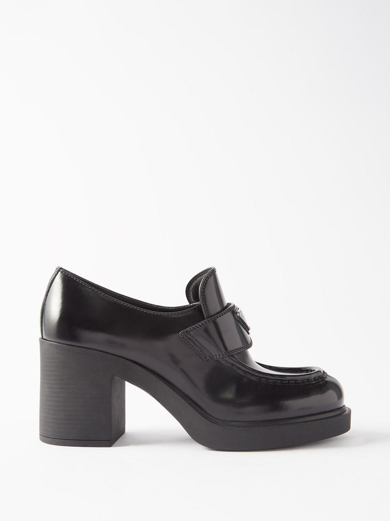 商品Prada|Triangle-logo 85 heeled leather loafers,价格¥7031,第1张图片
