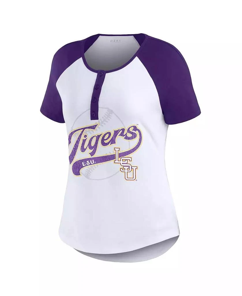 商品WEAR by Erin Andrews|Women's White Distressed LSU Tigers Baseball Logo Raglan Henley T-shirt,价格¥301,第2张图片详细描述