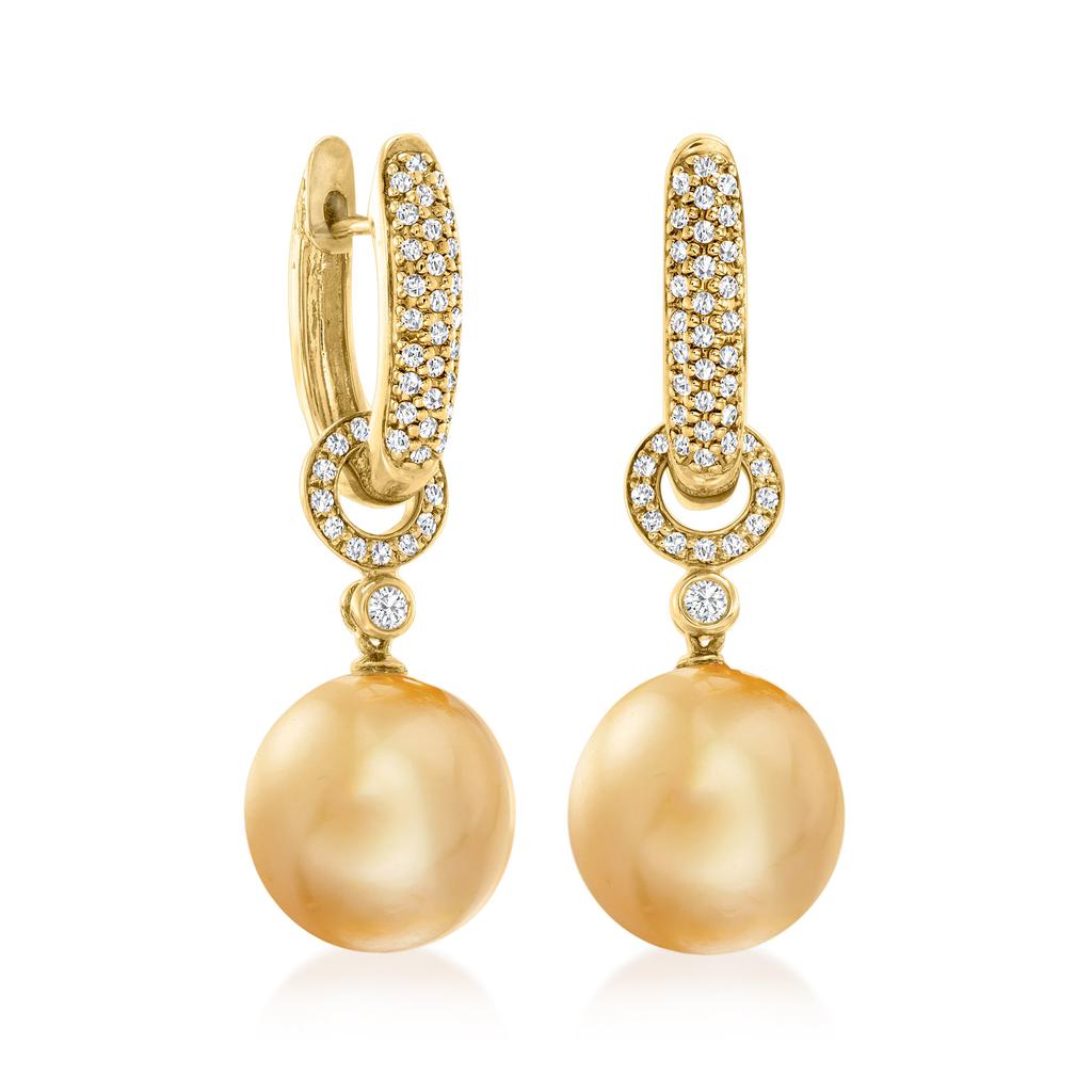 Ross-Simons 12-13mm Golden Cultured South Sea Pearl and . Diamond Hoop Drop Earrings in 18kt Yellow Gold商品第3张图片规格展示