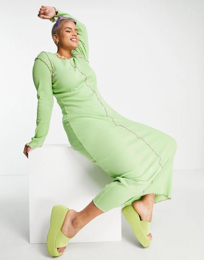 商品Daisy Street|Daisy Street Plus long sleeve maxi bodycon dress in green rib with contrast overlocking,价格¥170,第4张图片详细描述
