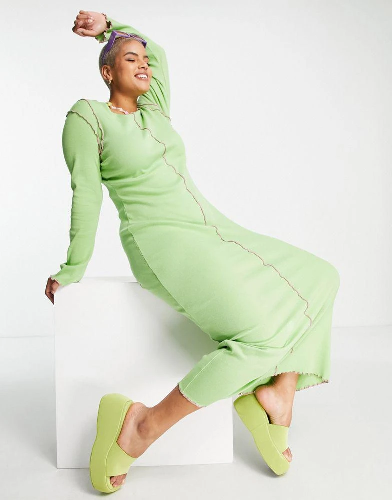 商品Daisy Street|Daisy Street Plus long sleeve maxi bodycon dress in green rib with contrast overlocking,价格¥175,第4张图片详细描述