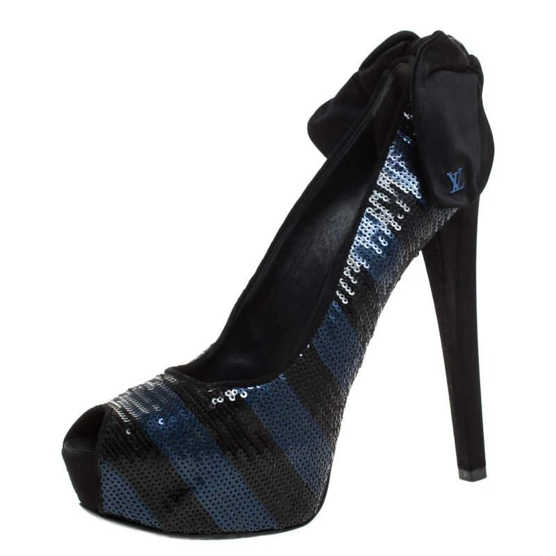 商品[二手商品] Louis Vuitton|Louis Vuitton Blue/Black Sequin Peep Toe Platform Pumps Size 39,价格¥2275,第1张图片