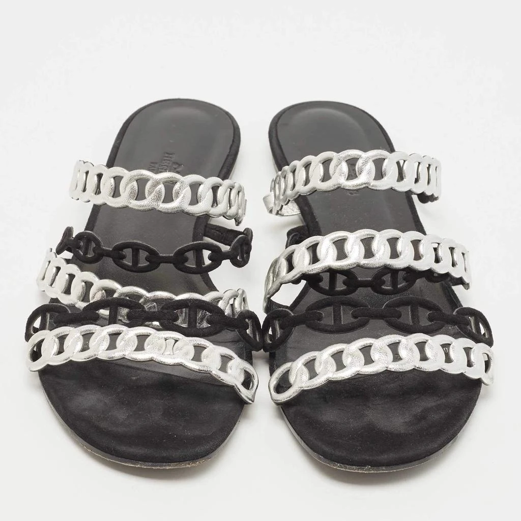 商品[二手商品] Hermes|Hermes Black/Silver Leather and Suede Chaine d'Ancre Flat Slides Size 38 ,价格¥3276,第3张图片详细描述