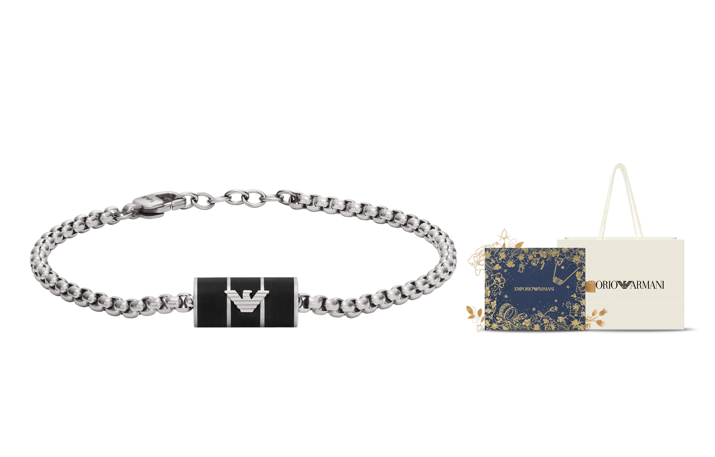 商品[国内直发] Emporio Armani|ARMANI 阿玛尼潮流时尚黑色串珠吊坠个性银色手链 男士,价格¥1289,第4张图片详细描述