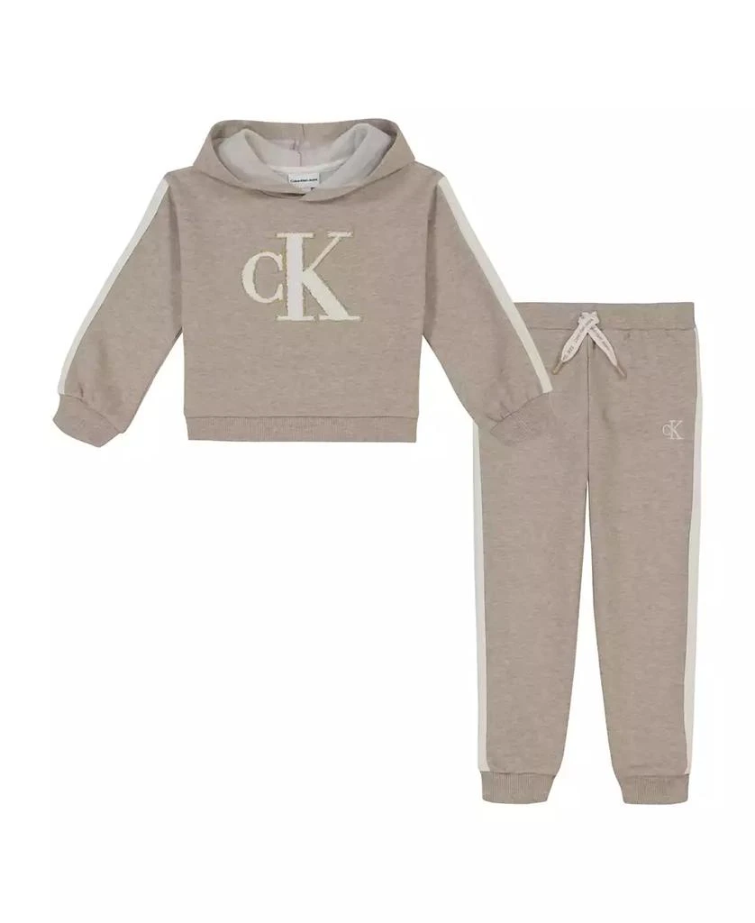 商品Calvin Klein|Toddler and Little Girls Side-Striped Signature Fleece Hoodie, 2-Piece Set,价格¥182,第1张图片