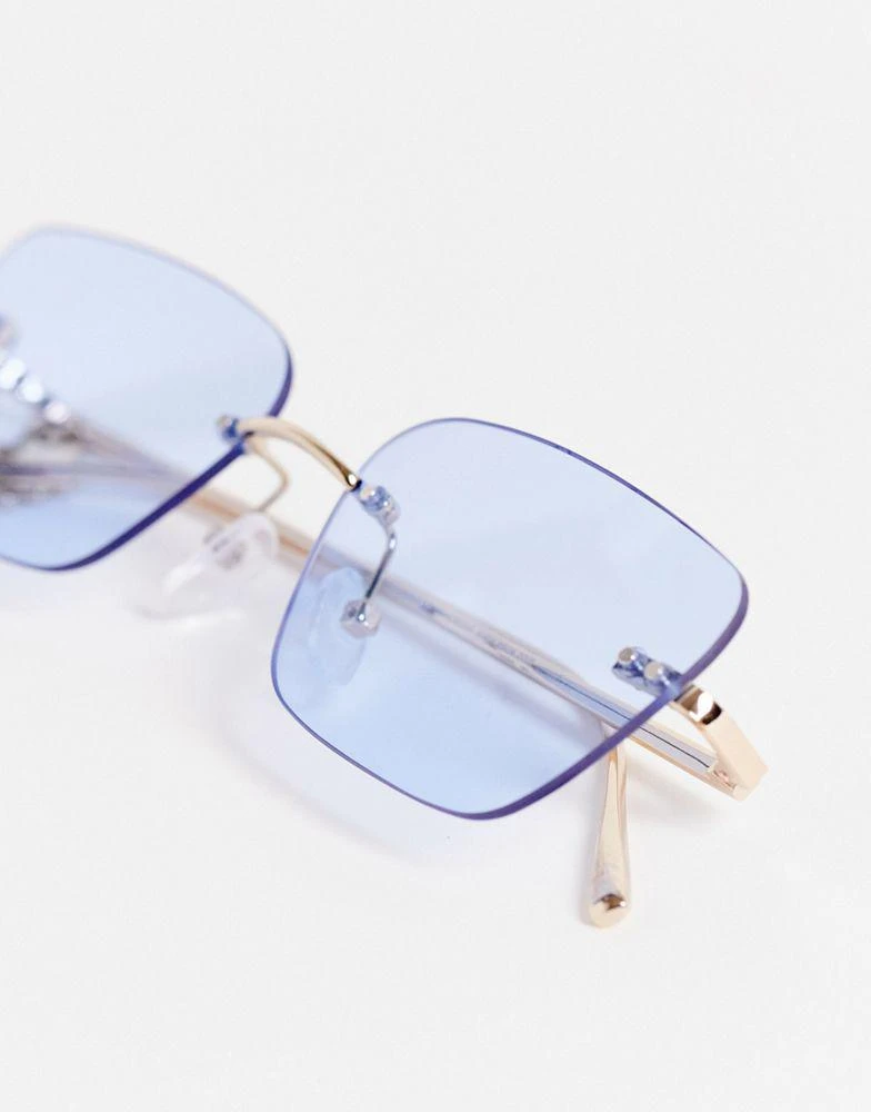 商品ASOS|ASOS DESIGN rimless rectangle sunglasses with flower charm in blue,价格¥105,第4张图片详细描述