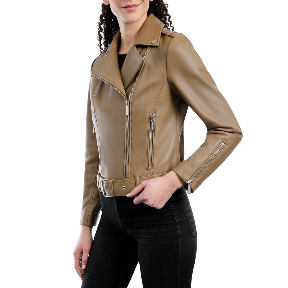 Women's Belted Leather Moto Coat, Created for Macy's商品第3张图片规格展示