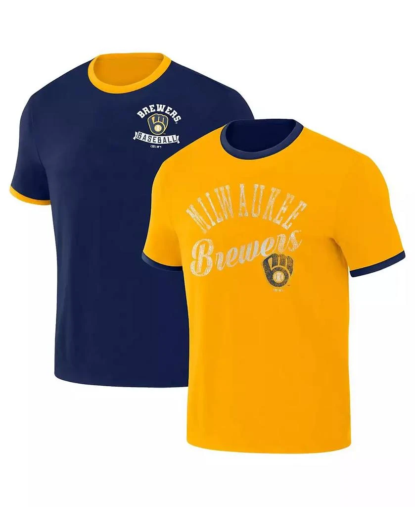 商品Fanatics|Men's Darius Rucker Collection by Navy, Gold Distressed Milwaukee Brewers Two-Way Ringer Reversible T-shirt,价格¥263,第1张图片