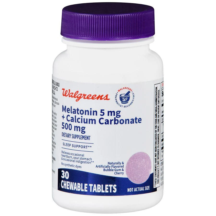 商品Walgreens|Melatonin 5 mg  + Calcium Carbonate 500 mg Chewable Tablets Bubble Gum & Cherry,价格¥44,第1张图片