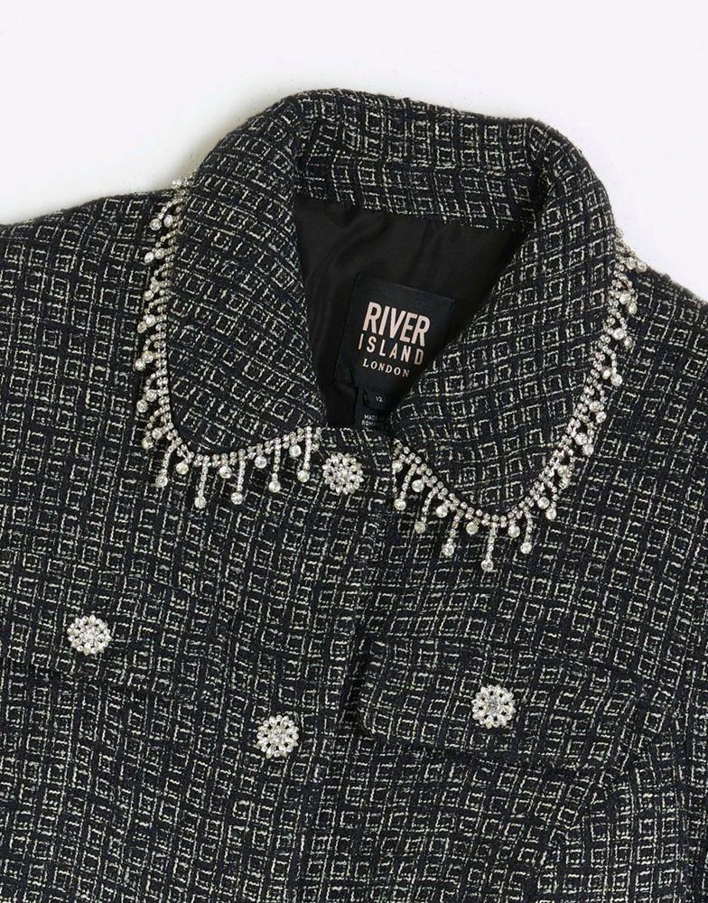 商品River Island|River Island Boucle diamante collar blazer in black,价格¥874,第2张图片详细描述