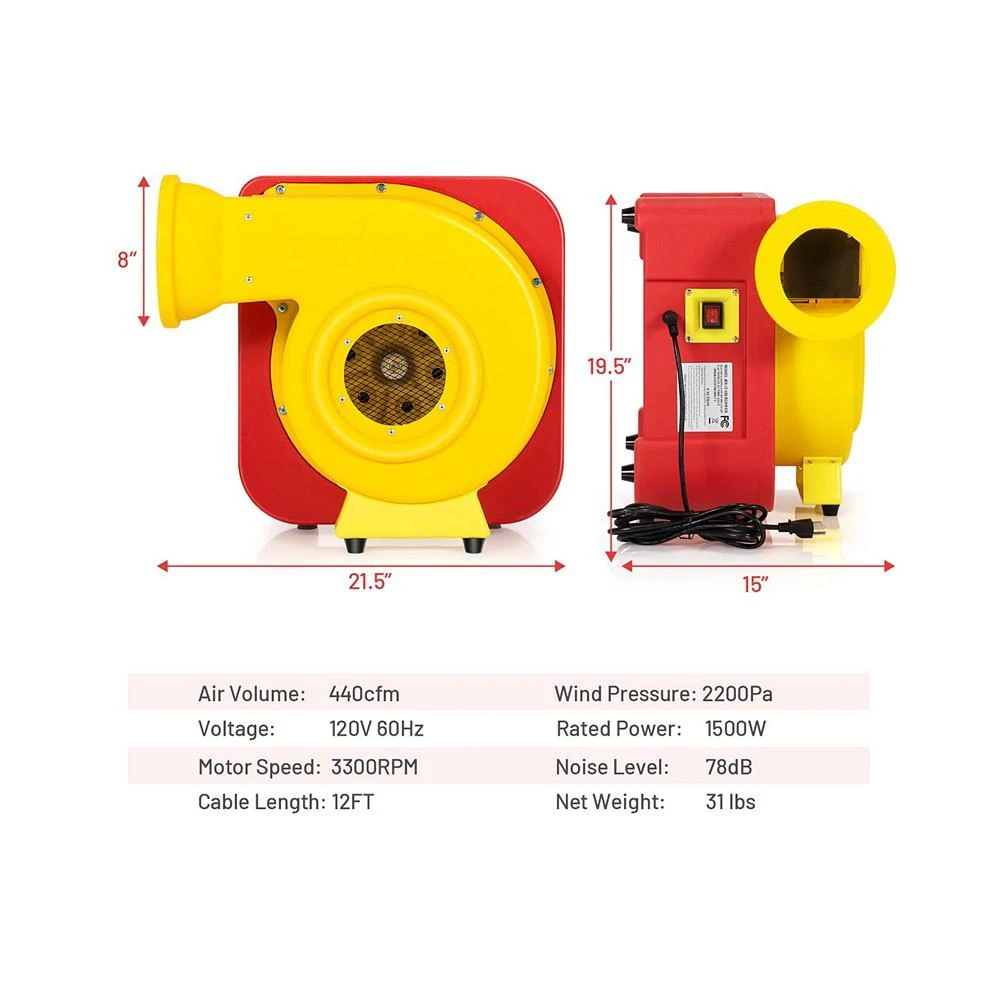 商品Costway|Inflatable Bounce House Blower 1655W 2HP Air Pump Commercial Castle Slide Fan,价格¥1478,第2张图片详细描述
