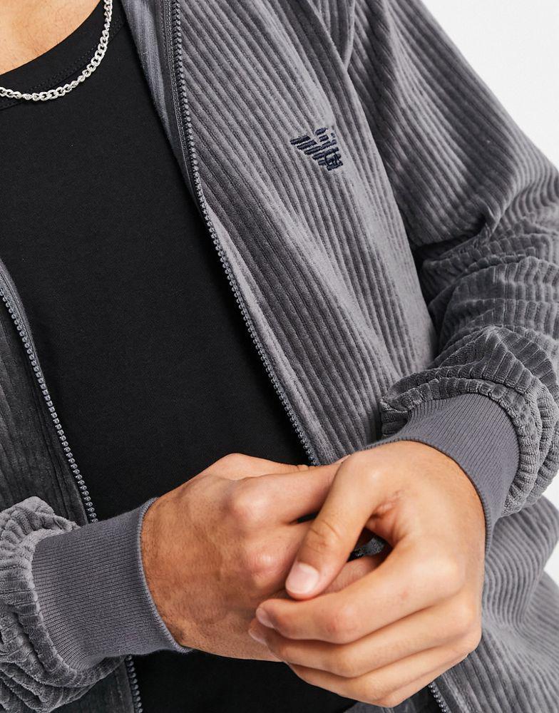 商品Emporio Armani|Emporio Armani Bodywear ribbed velour lounge zip hoodie in grey,价格¥982,第5张图片详细描述