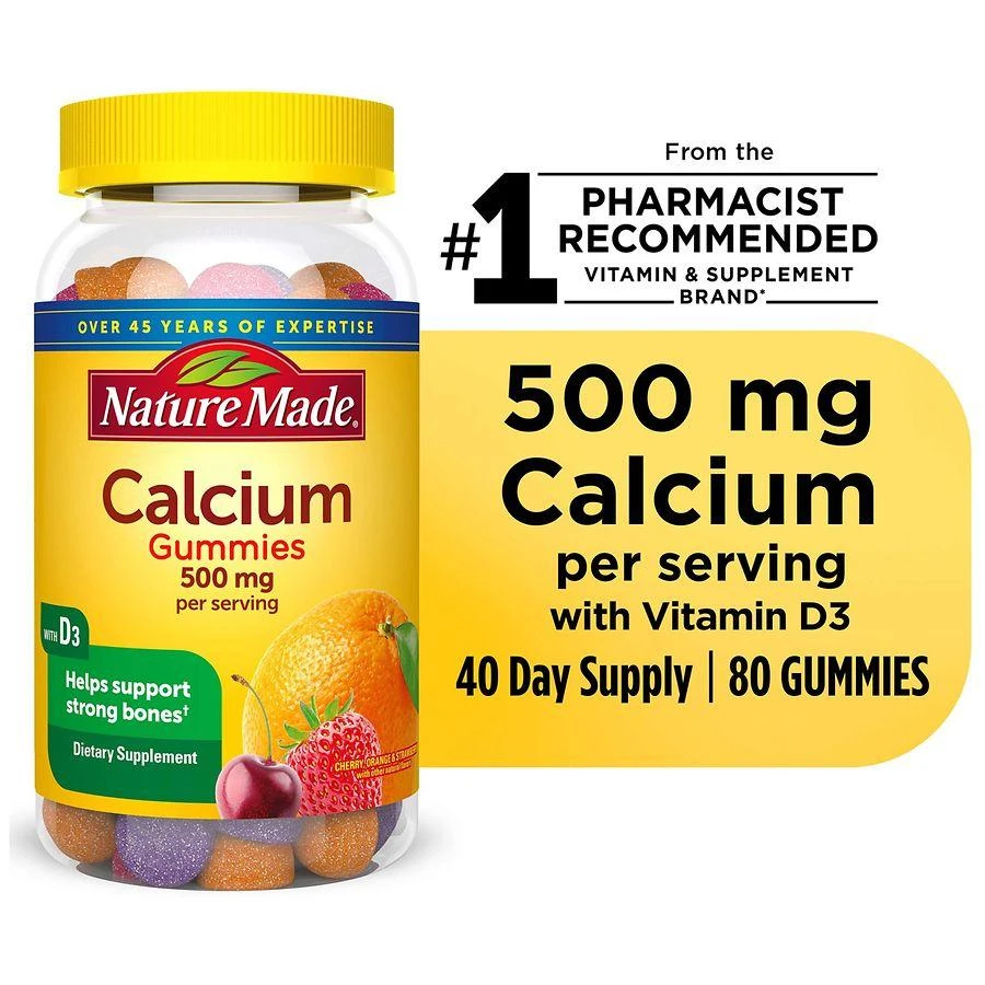 Nature Made Calcium Gummies 500 mg Per Serving with Vitamin D3 Cherry, Orange & Strawberry 7