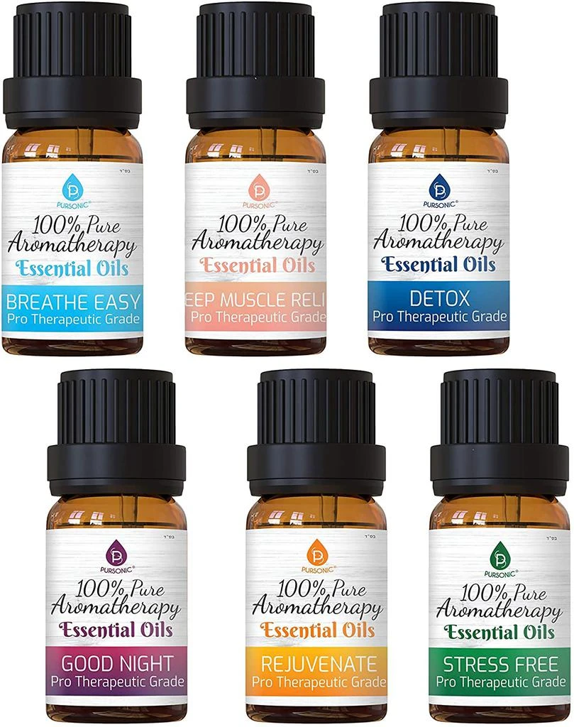 商品PURSONIC|100% Pure Essential Aromatherapy Oils Blends Gift Set-6 Pack , 10ML(Breath Easy,Deep Muscle Relief,Detox,Good Night,Rejuvenate,Distress),价格¥128,第1张图片