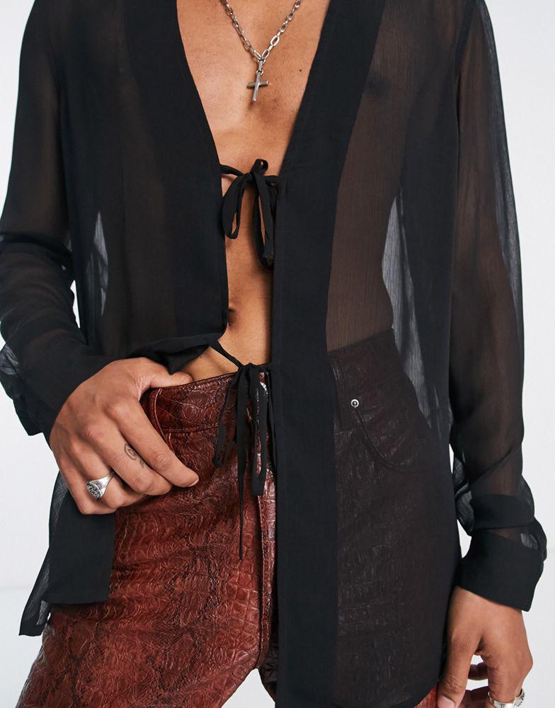 ASOS DESIGN longline sheer shirt with tie front fastening in black - BLACK商品第3张图片规格展示