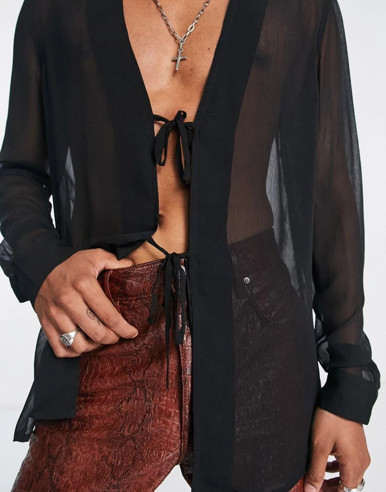 商品ASOS|ASOS DESIGN longline sheer shirt with tie front fastening in black - BLACK,价格¥296,第3张图片详细描述