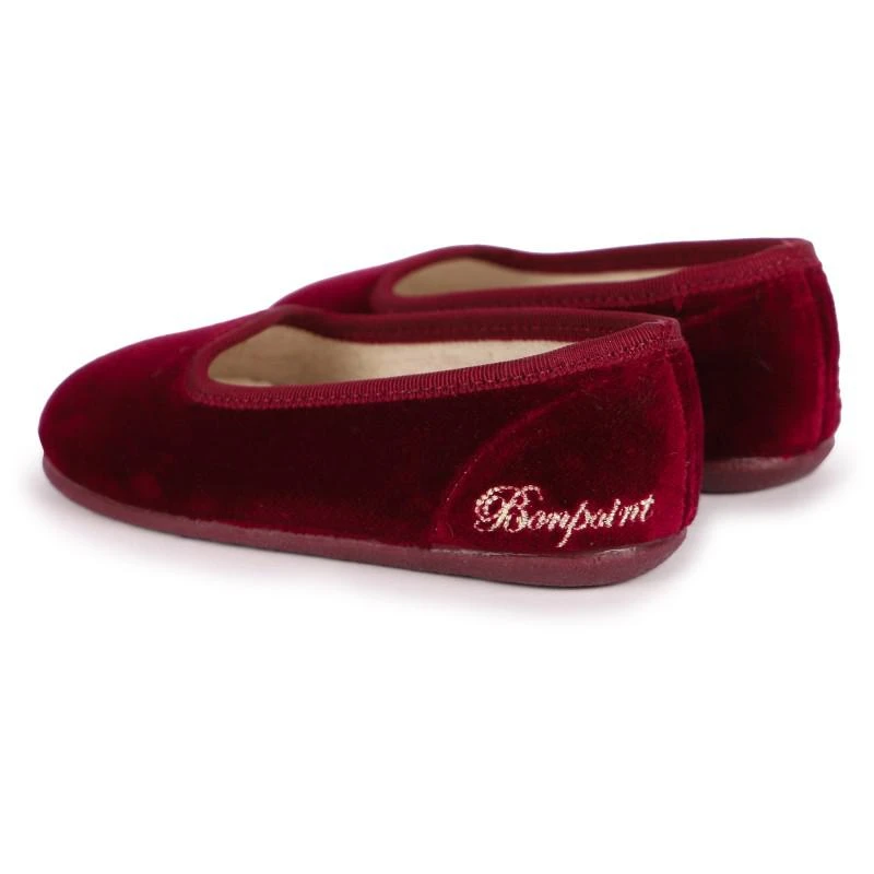 商品Bonpoint|Logo embroidery velvet slippers in burgundy,价格¥965,第2张图片详细描述