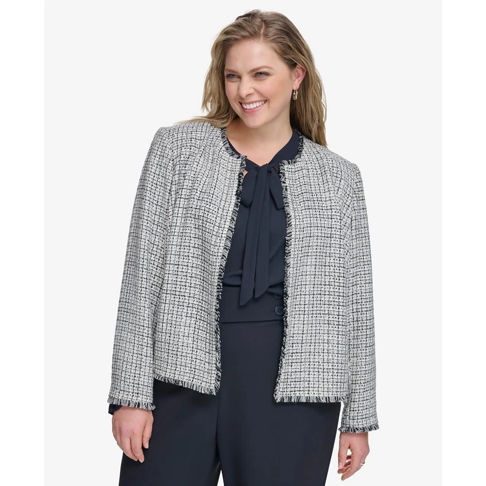 商品Calvin Klein|Plus Size Tweed Open-Front Fringe Jacket,价格¥759,第1张图片