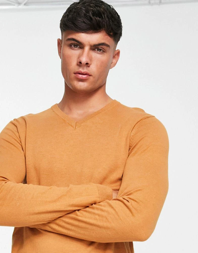 商品ASOS|ASOS DESIGN knitted cotton v-neck jumper in light brown,价格¥199,第2张图片详细描述