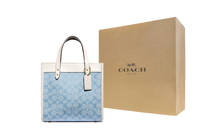 商品[国内直发] Coach|蔻驰 Field 系列 22 Chambray香布蕾竖版提花印花 系列 托特包Tote包购物袋斜挎单肩手提包 小号 女款 蓝白色,价格¥2364,第7张图片详细描述