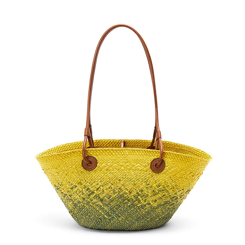 商品Loewe|【预售3-7天】LOEWE/罗意威 22春夏新款Basket系列 女士卡其绿色黄色棕榈编织小牛皮肩带手提单肩篮子包A223P65X04-4157,价格¥5512,第5张图片详细描述