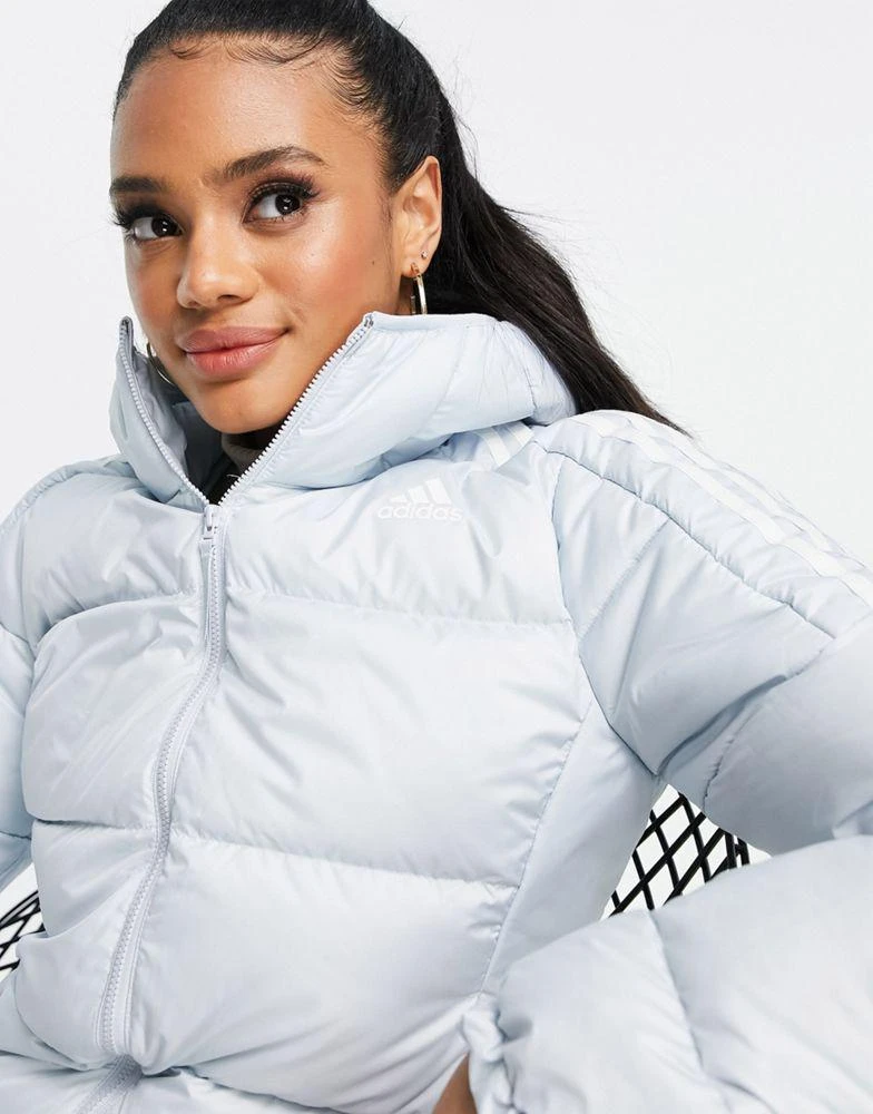 商品Adidas|adidas Outdoor down hooded puffer jacket with three stripes in blue,价格¥386,第2张图片详细描述