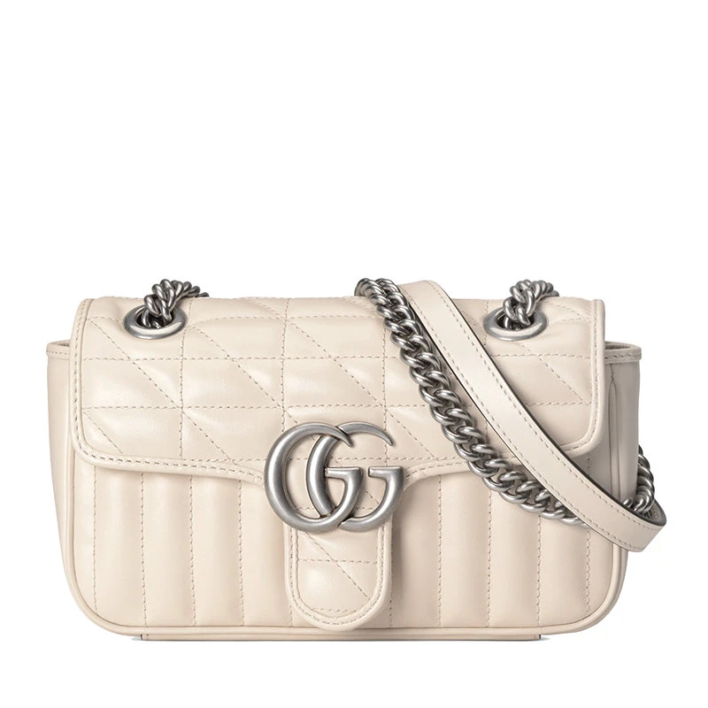 商品Gucci|【预售3-7天】GUCCI/古驰 21秋冬GG Marmont系列 女士迷你白色绗缝皮革复古银饰双G翻盖斜挎单肩链条包446744UM8AN9022,价格¥15656,第1张图片