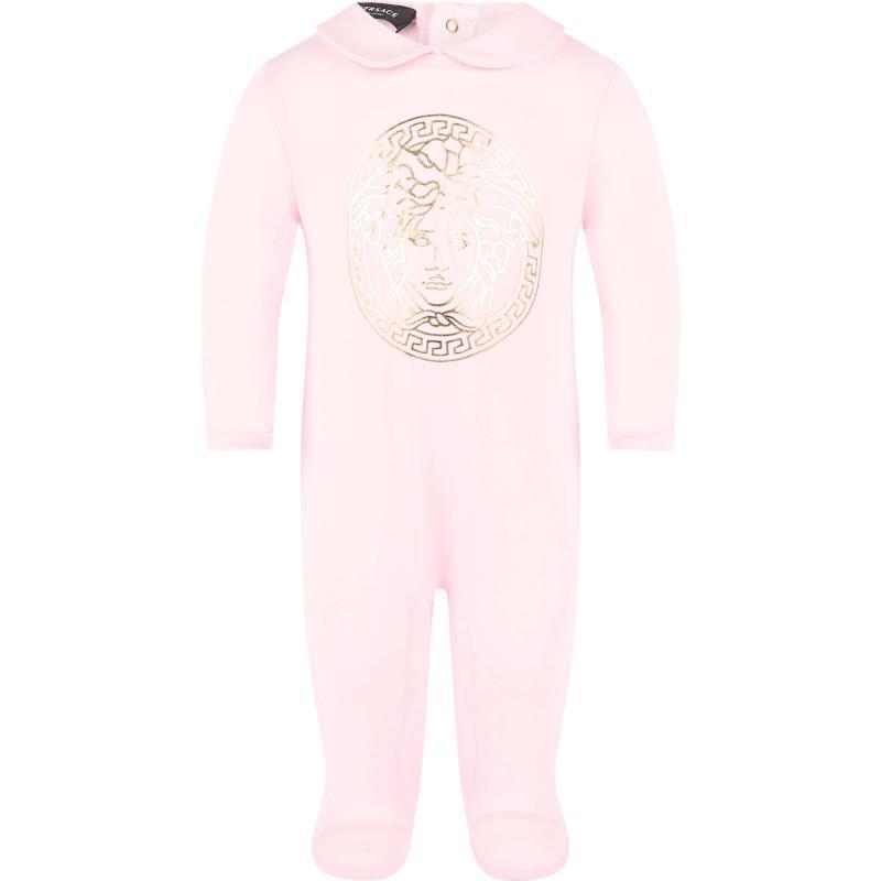 商品Young Versace|Golden medusa head logo one piece and baby cap set in light pink,价格¥2422,第4张图片详细描述