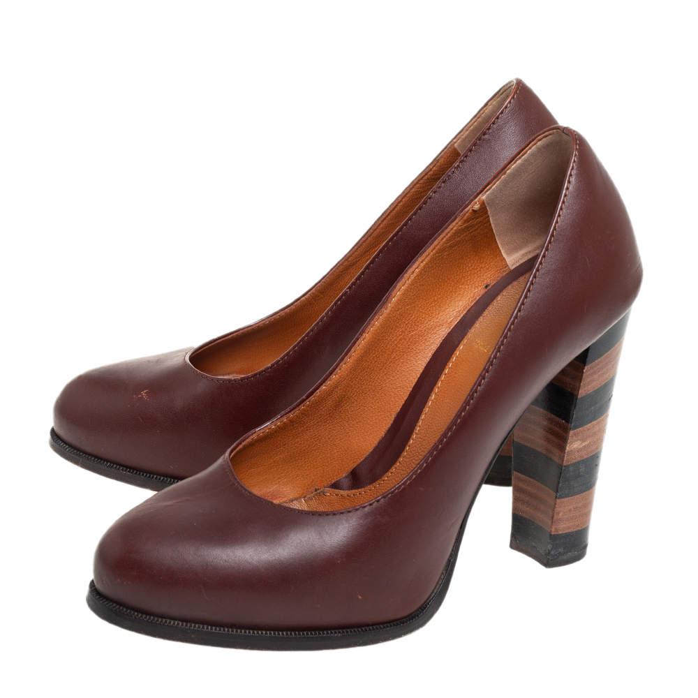 Fendi Burgundy Leather Pequin Block Heel Pumps Size 35商品第4张图片规格展示