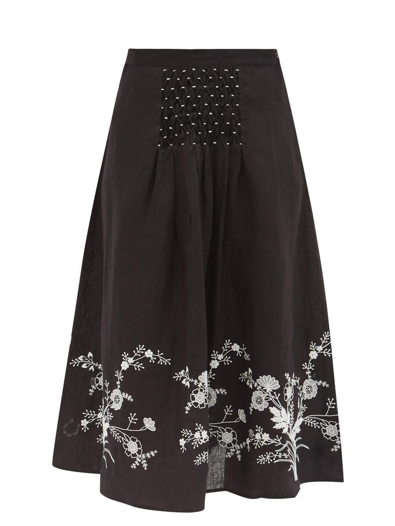 Yulia floral-embroidered linen midi skirt商品第6张图片规格展示