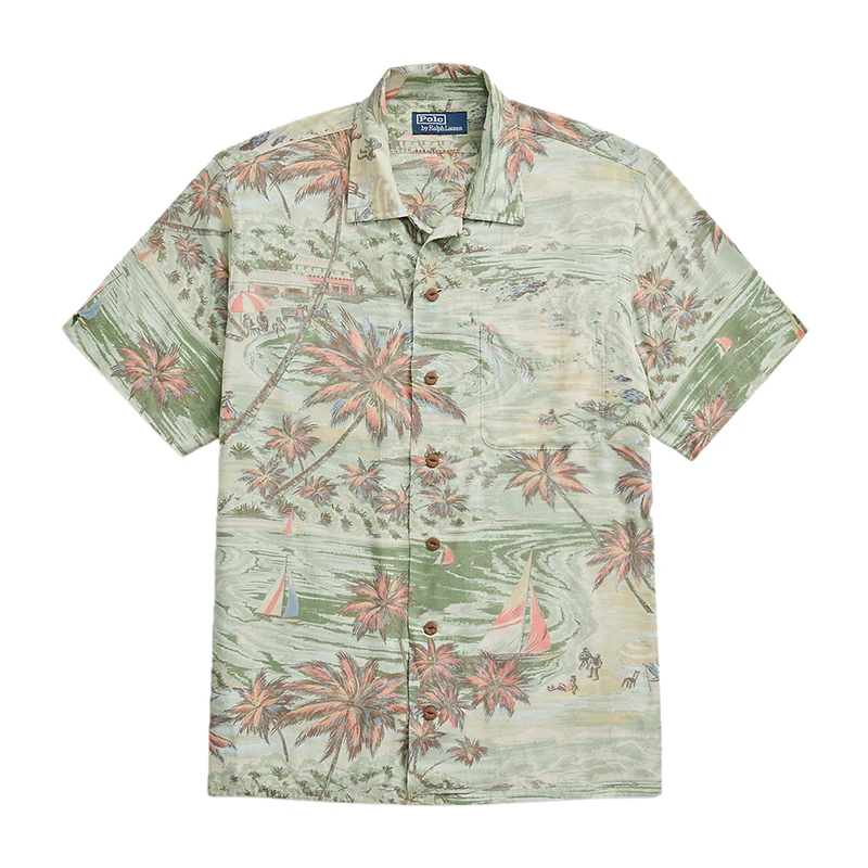 拉夫劳伦 男士亚麻混纺饰有榈树印花短袖尖领衬衫(2色可选） 商品