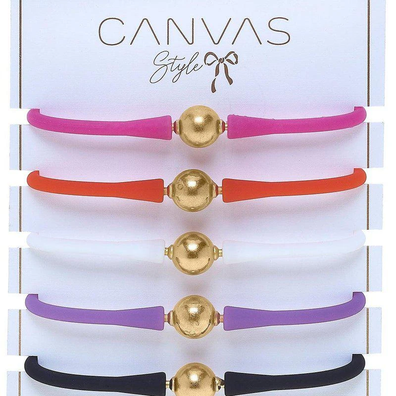 商品Canvas Style|Bali 24K Gold Silicone Bracelet Stack Of 5 In Magenta, Orange, White, Purple & Black,价格¥952,第2张图片详细描述