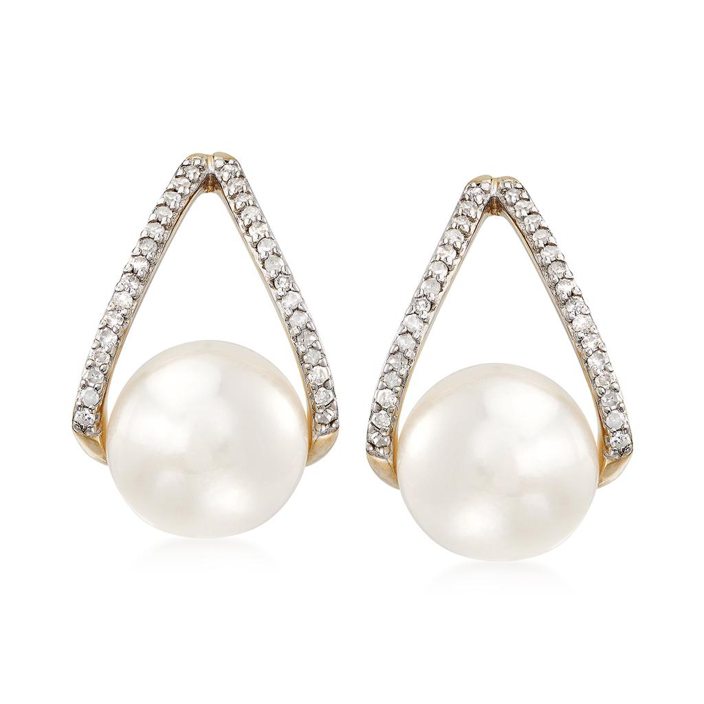 Ross-Simons 8-8.5mm Cultured Pearl and . Diamond Drop Earrings in 14kt Yellow Gold商品第1张图片规格展示