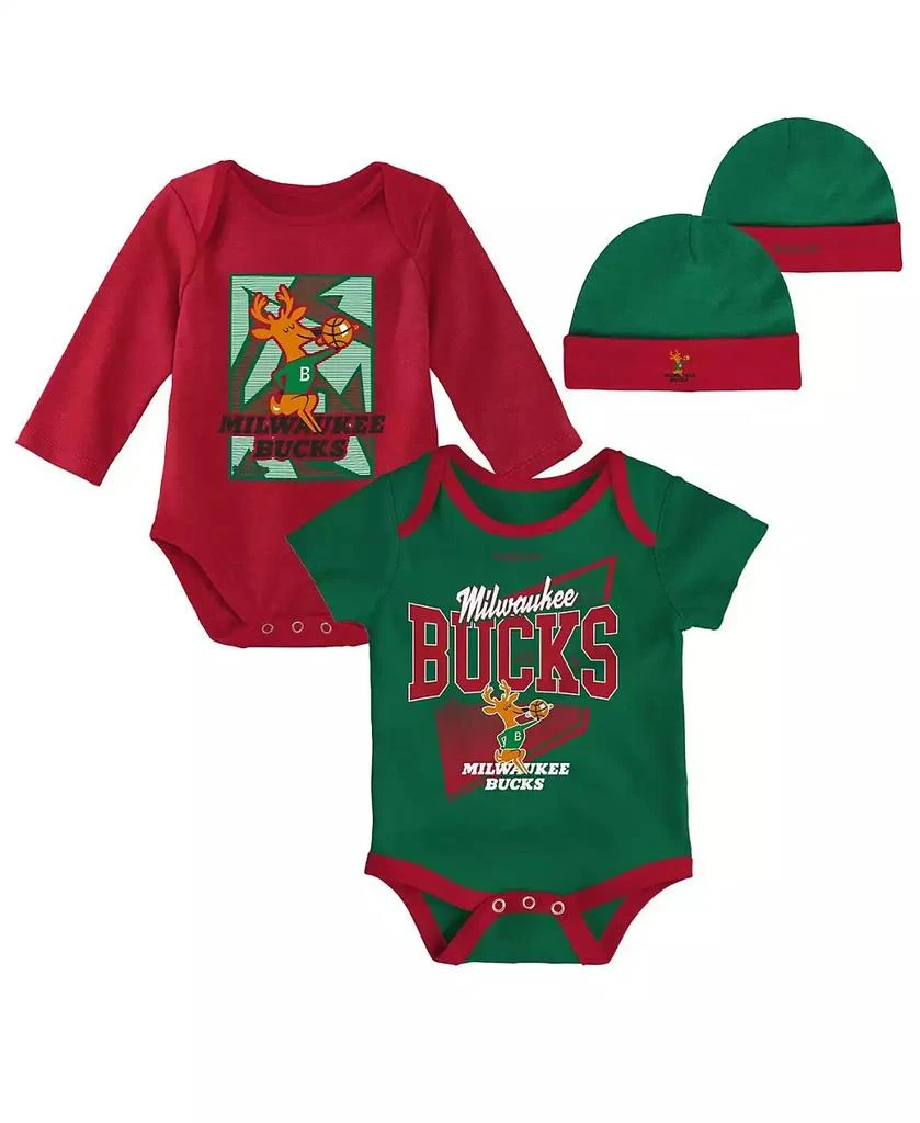 商品Mitchell & Ness|Infant Boys and Girls Hunter Green, Red Milwaukee Bucks Hardwood Classics Bodysuits and Cuffed Knit Hat Set,价格¥296,第1张图片