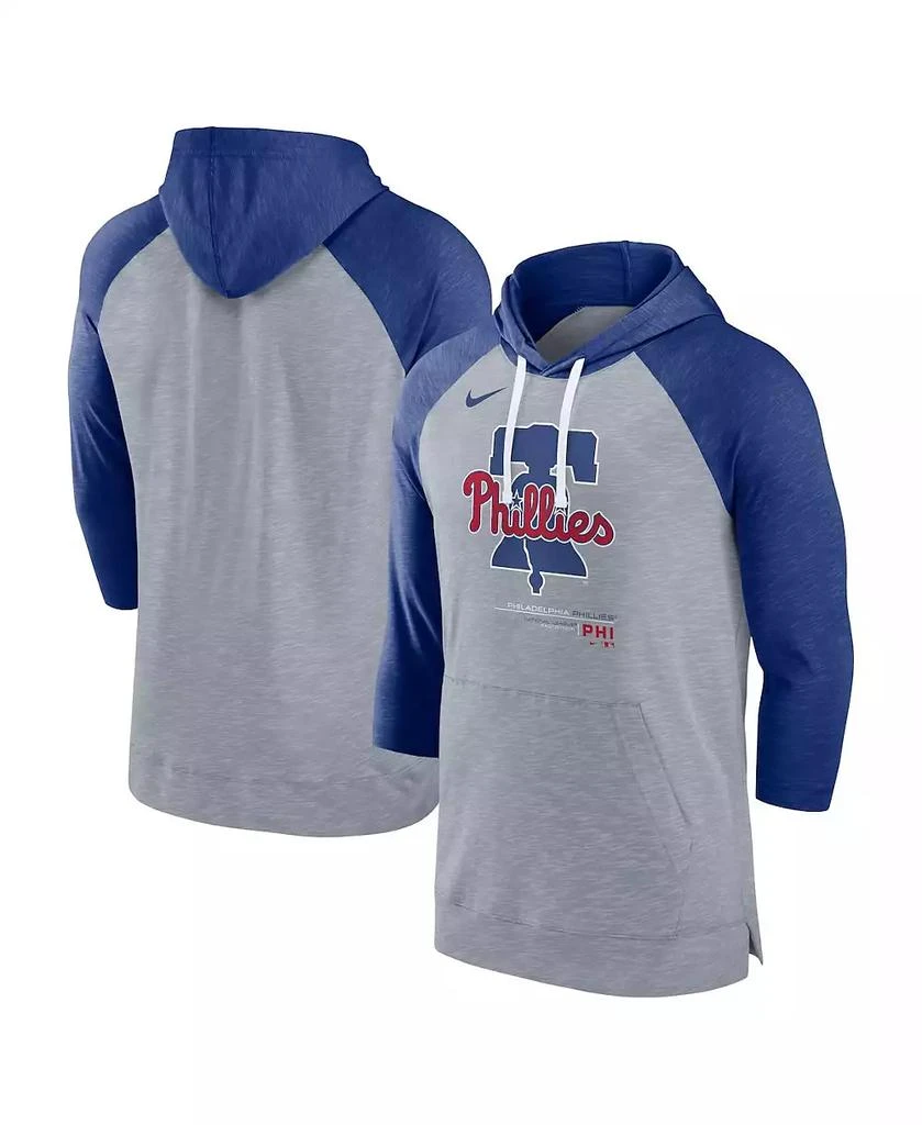 商品NIKE|Men's Heather Gray, Heather Royal Philadelphia Phillies Baseball Raglan 3/4 Sleeve Pullover Hoodie,价格¥489,第1张图片