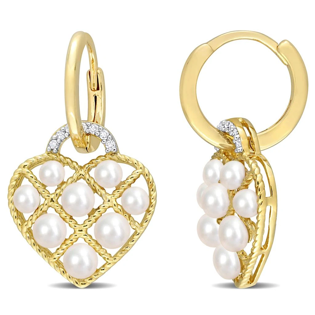 商品Mimi & Max|2.5-3 MM Cultured Freshwater Pearl and Diamond Accent Heart Hoop Earrings in Yellow Plated Sterling Silver,价格¥700,第1张图片