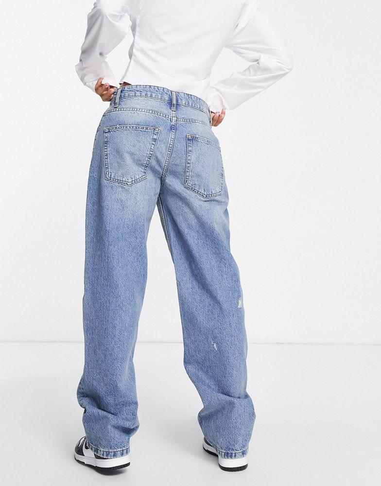 ASOS DESIGN baggy boyfriend jeans with thigh rip in mid blue商品第2张图片规格展示