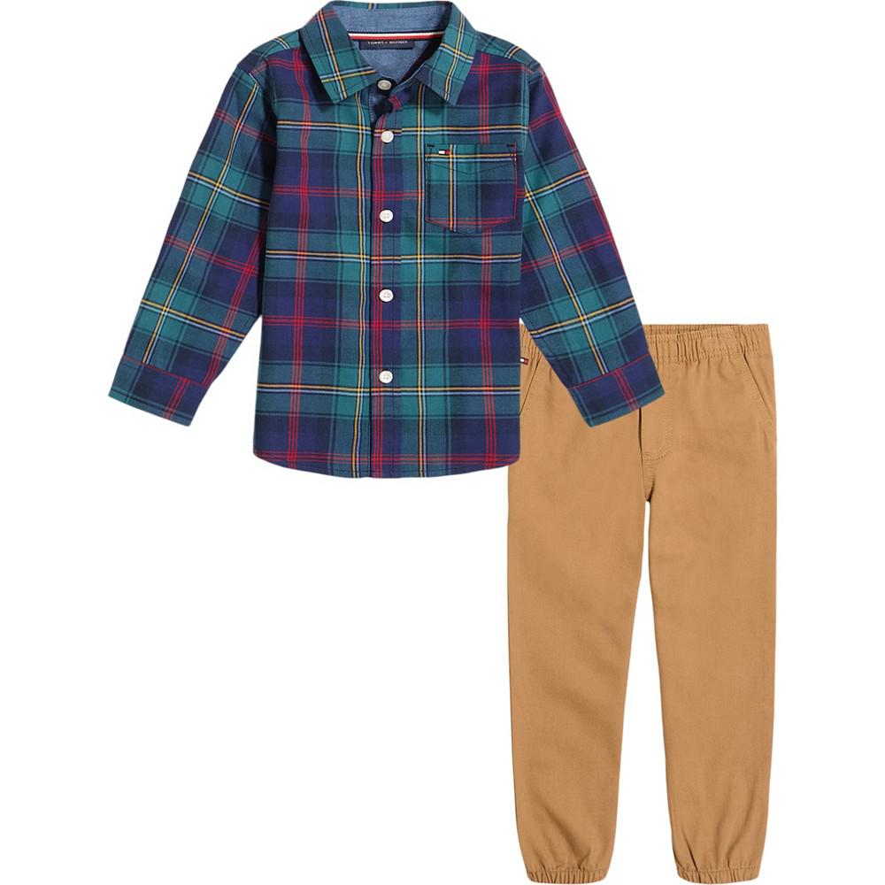 Toddler Boys Plaid and Denim Button-Front Shirt and Sueded Twill Joggers Set, 2 Piece商品第1张图片规格展示