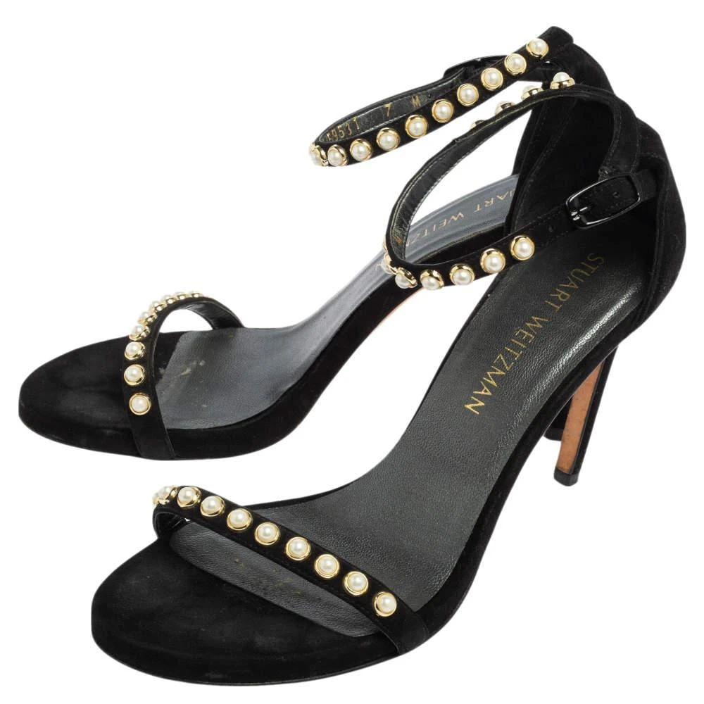 商品[二手商品] Stuart Weitzman|Stuart Weitzman Black Suede Faux Pearl Embellished Nudist Sandals Size 37.5,价格¥801,第4张图片详细描述