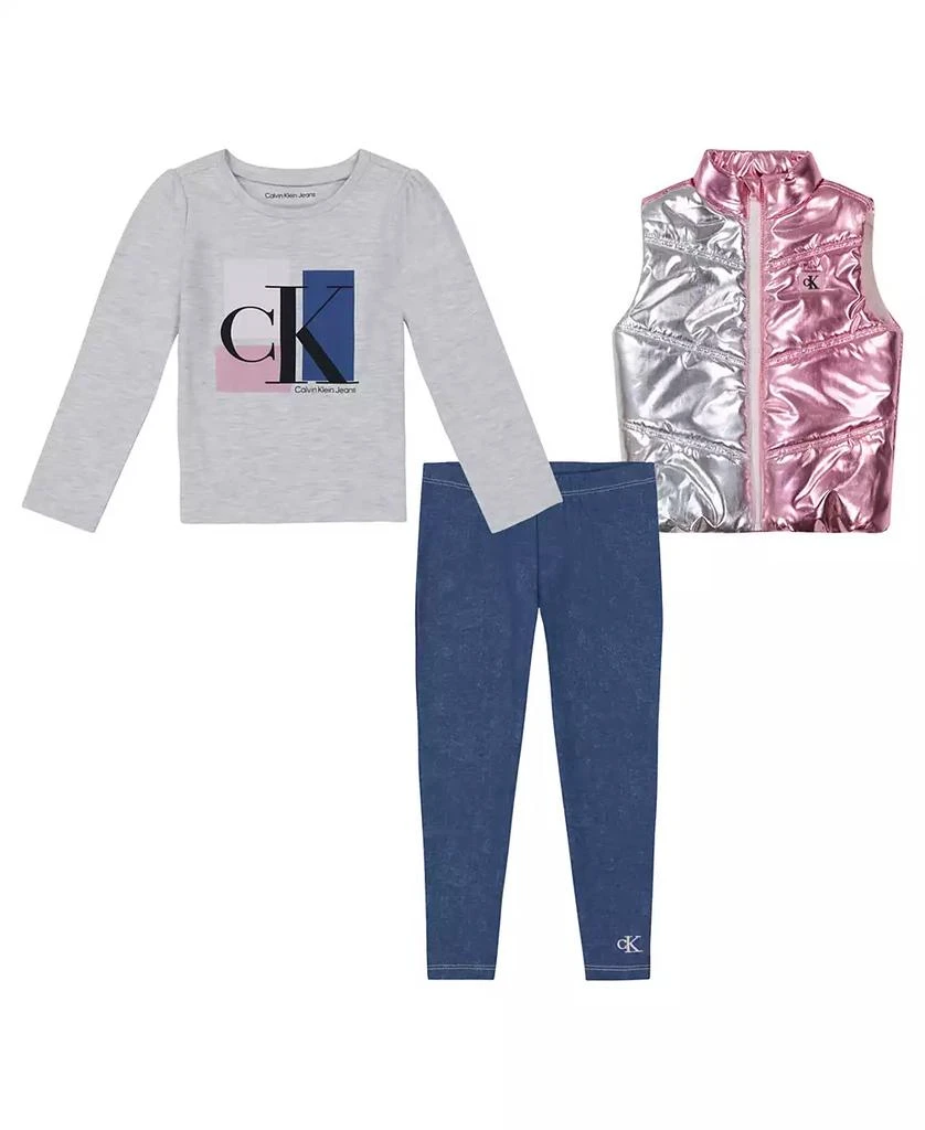 商品Calvin Klein|Toddler and Little Girls Metallic Puffer Vest, Long Sleeve Logo Tee Jeggings, 3-Piece Set,价格¥303,第1张图片