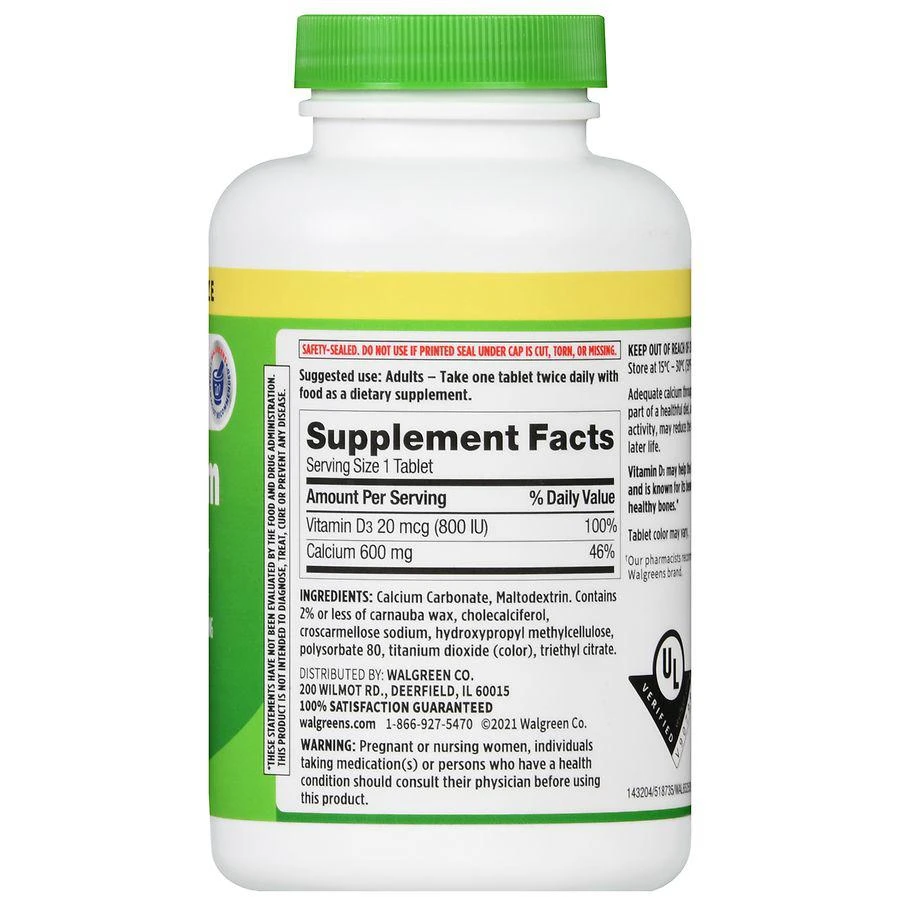 商品Walgreens|Calcium 600 mg Plus Vitamin D3 20 mcg Tablets,价格¥124,第3张图片详细描述